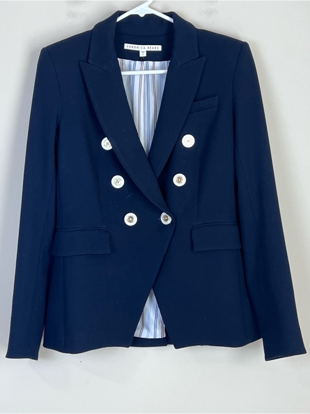 Veronica Beard $695 Miller Dickey Double Breasted Crepe Blazer Navy Blue Sz 2